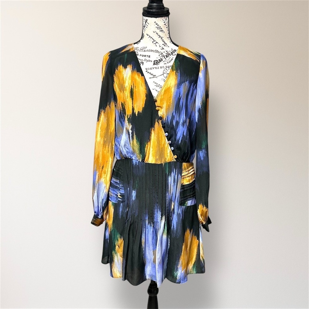 Marie Oliver Vera Silk Mini Dress Blue Floral Pleated Homecoming Wedding Guest - Picture 2 of 15